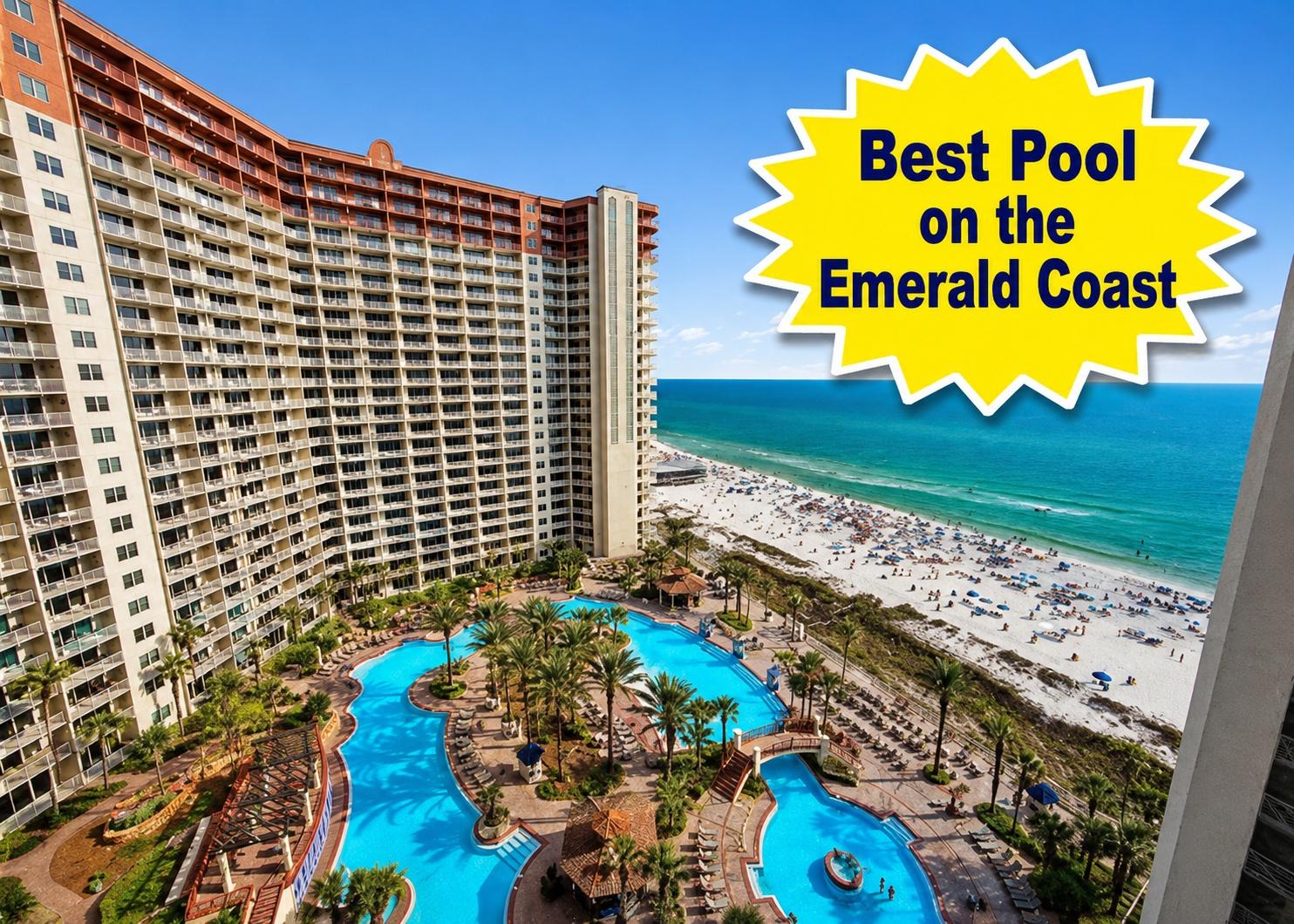 Lagoon-style resort pool and Gulf-front beach views at Shores of Panama in Panama City Beach. A guest favorite for relaxing, swimming, and enjoying the Emerald Coast.
