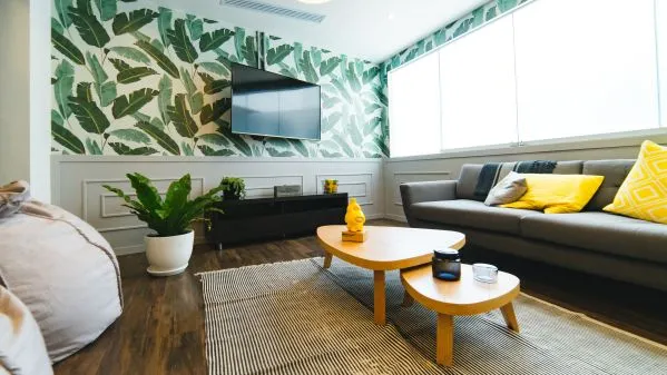 Healthy Home Environment 20x25x4 air filter - View of a clean and green living room with healthy indoor plants and an air vent on the ceiling.